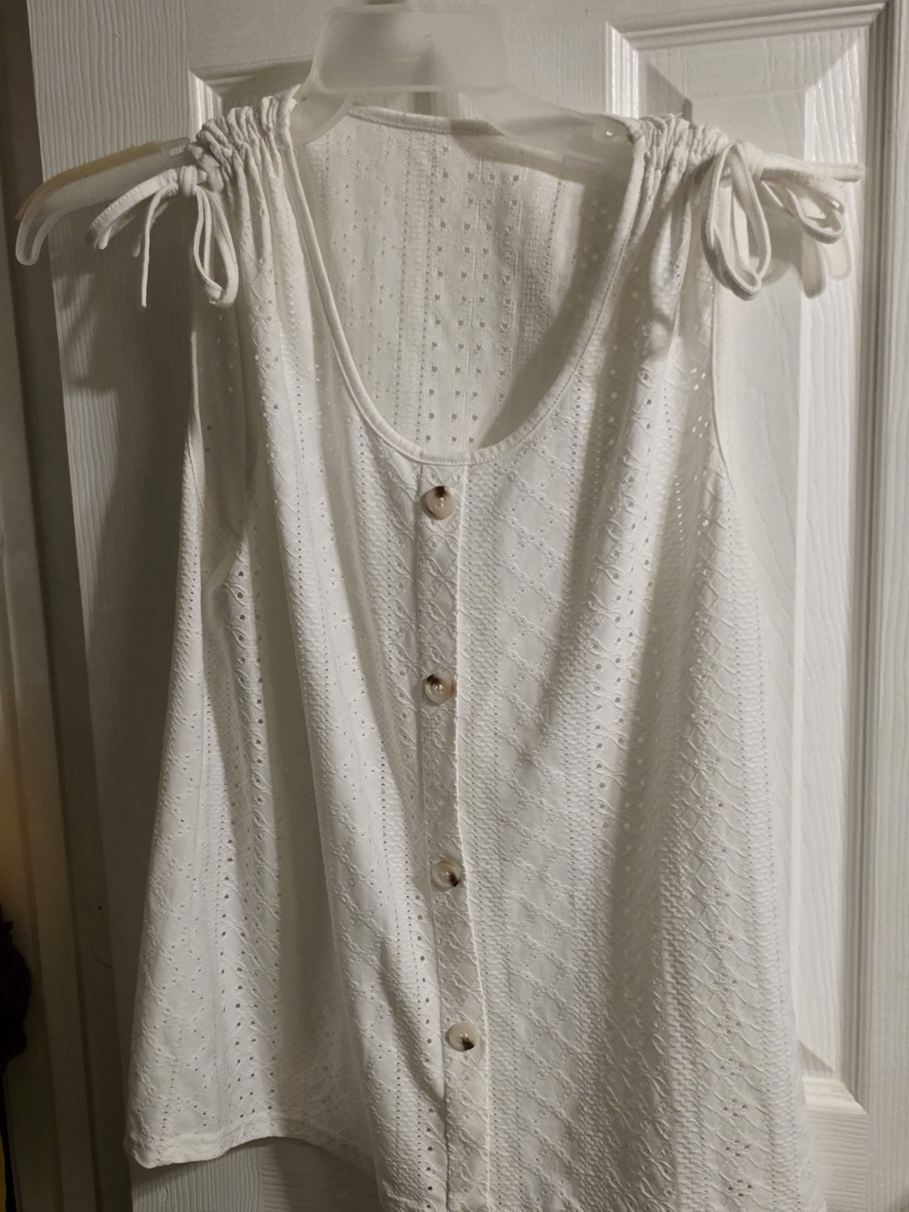 Women's White Eyelet Button-Front Tank with Tie Shoulders